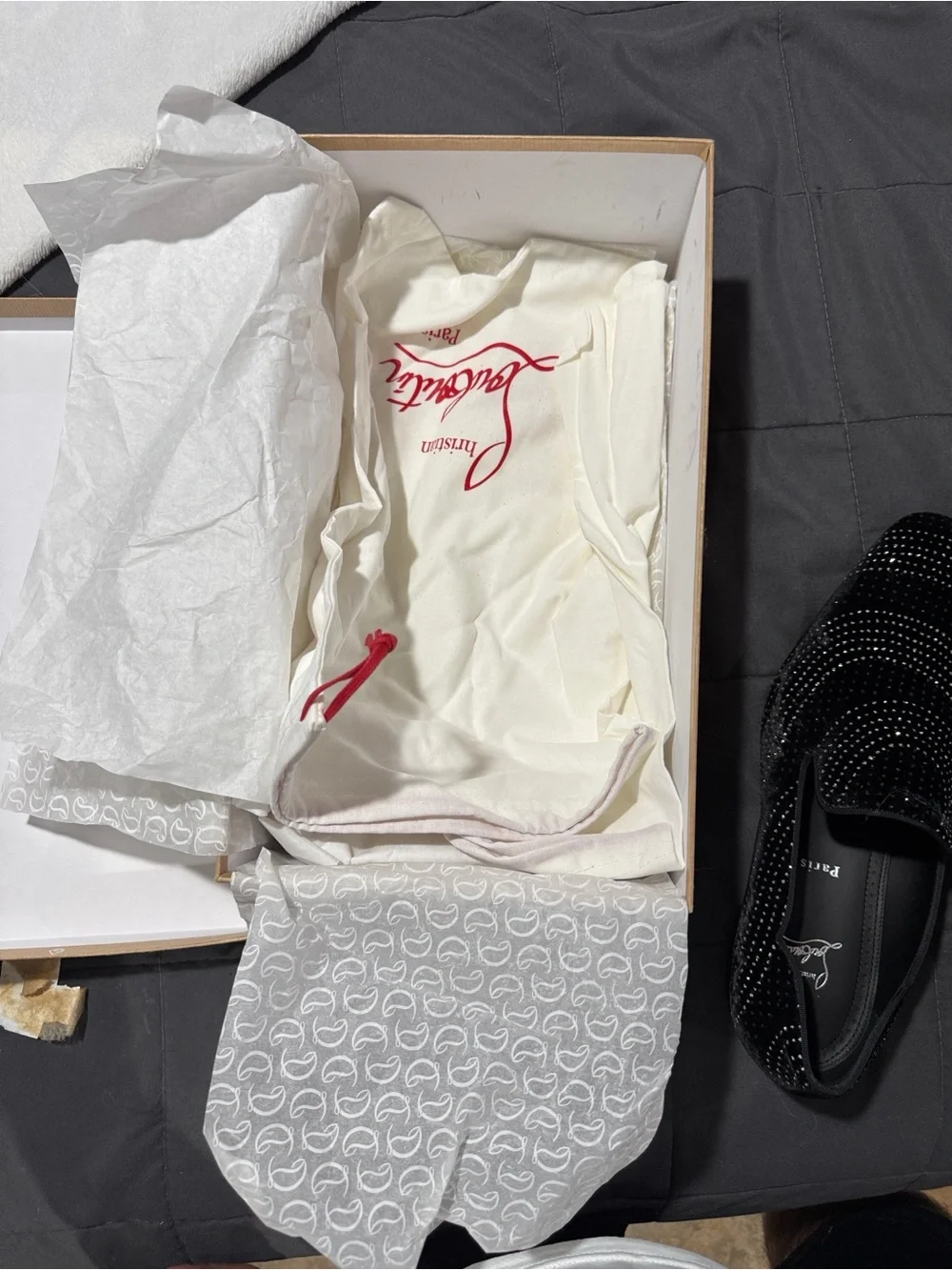 Christian Louboutin Black Suede Crystal-Stud Slip-On Loafers with Red Sole